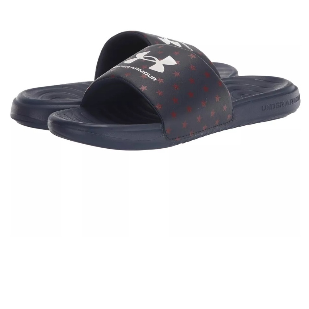 🆕Under Armour UA Ansa Graphic Navy Blue Red White Stars Sandal Slide Mens Sz10